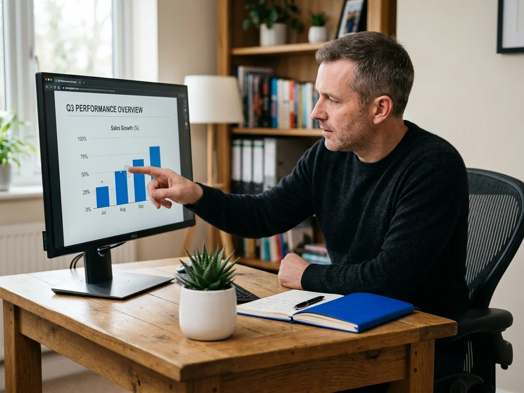 Un spécialiste examine un rapport d'audit SEO avec des graphiques sur un écran d'ordinateur.